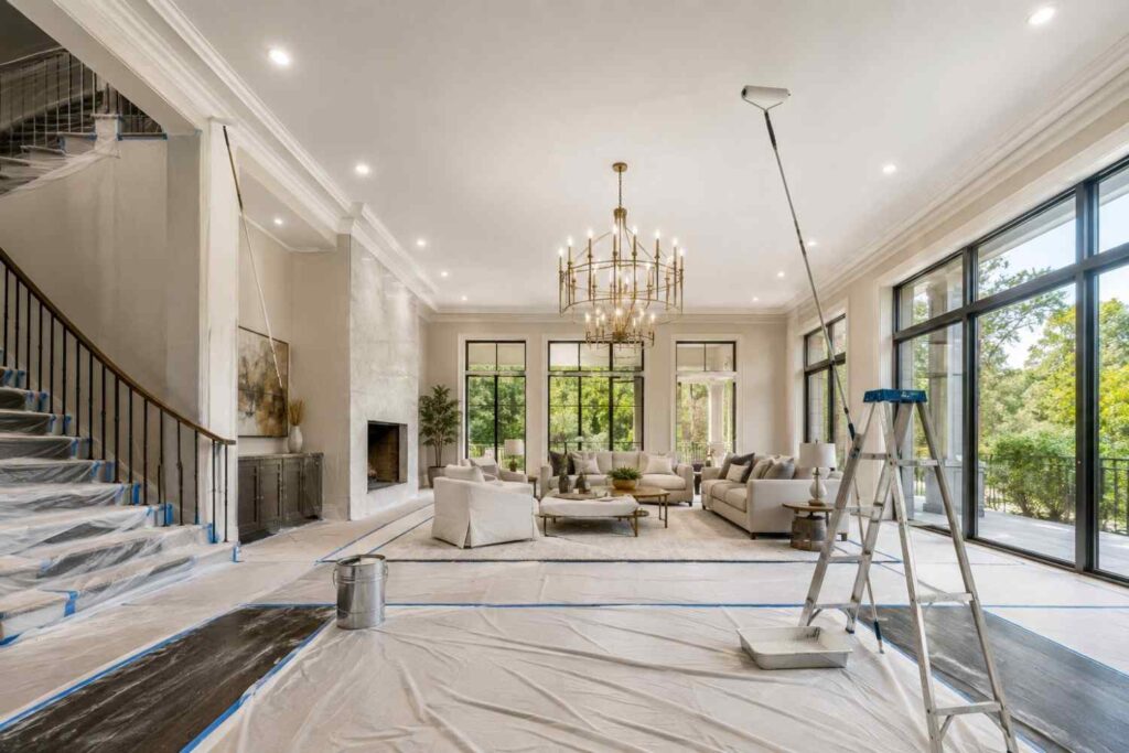 Professional interior painting project in a luxury living room with protective floor coverings, ladder, paint roller, and painting equipment for a clean home renovation
