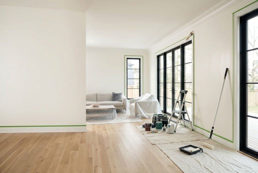 Interior painting project in a modern home with walls and window trim prepared using painter’s tape, drop cloths, paint supplies, rollers, and a ladder for a clean professional finish