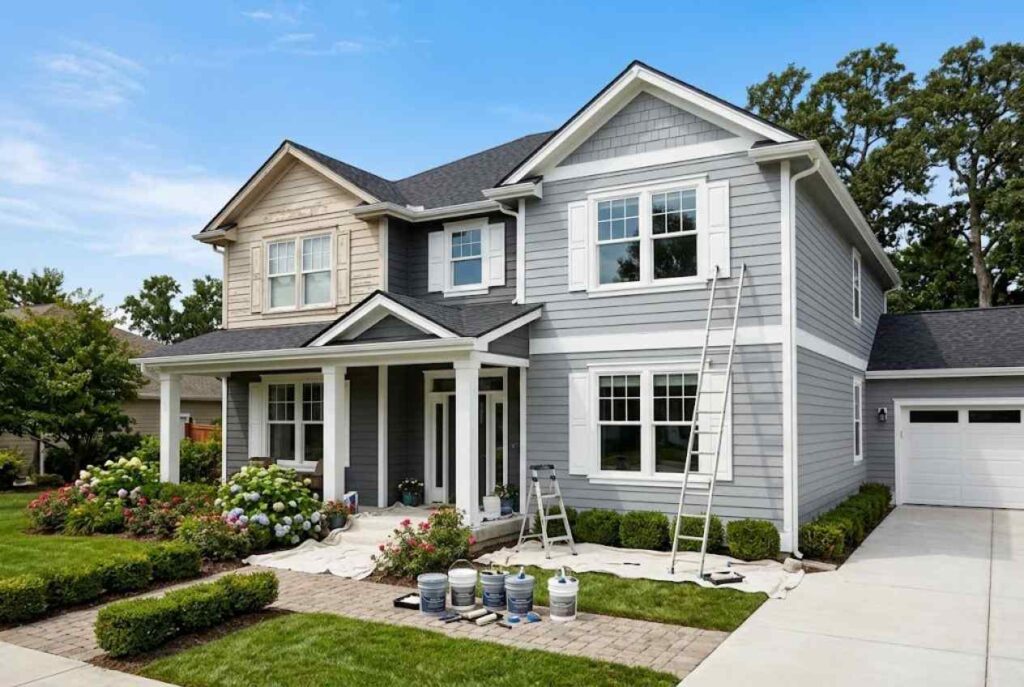 Professional exterior house painting project showing a two-story home with freshly painted gray siding, white trim, ladders, paint supplies, and protective drop cloths for a clean, modern exterior finish