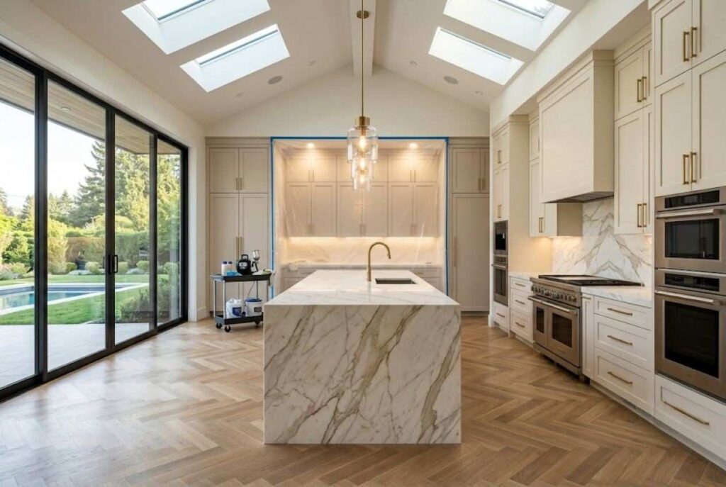 Professional kitchen cabinet painting project in a modern luxury kitchen, featuring freshly painted white cabinets, protected work areas, marble countertops, and a clean refinished finish that brightens and updates the interior
