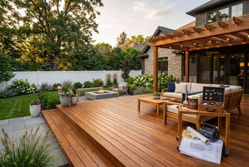 Professional deck staining and refinishing project featuring a beautifully restored wood deck and pergola in a landscaped backyard, showcasing a smooth protective finish, enhanced natural wood grain, and refreshed outdoor living space.