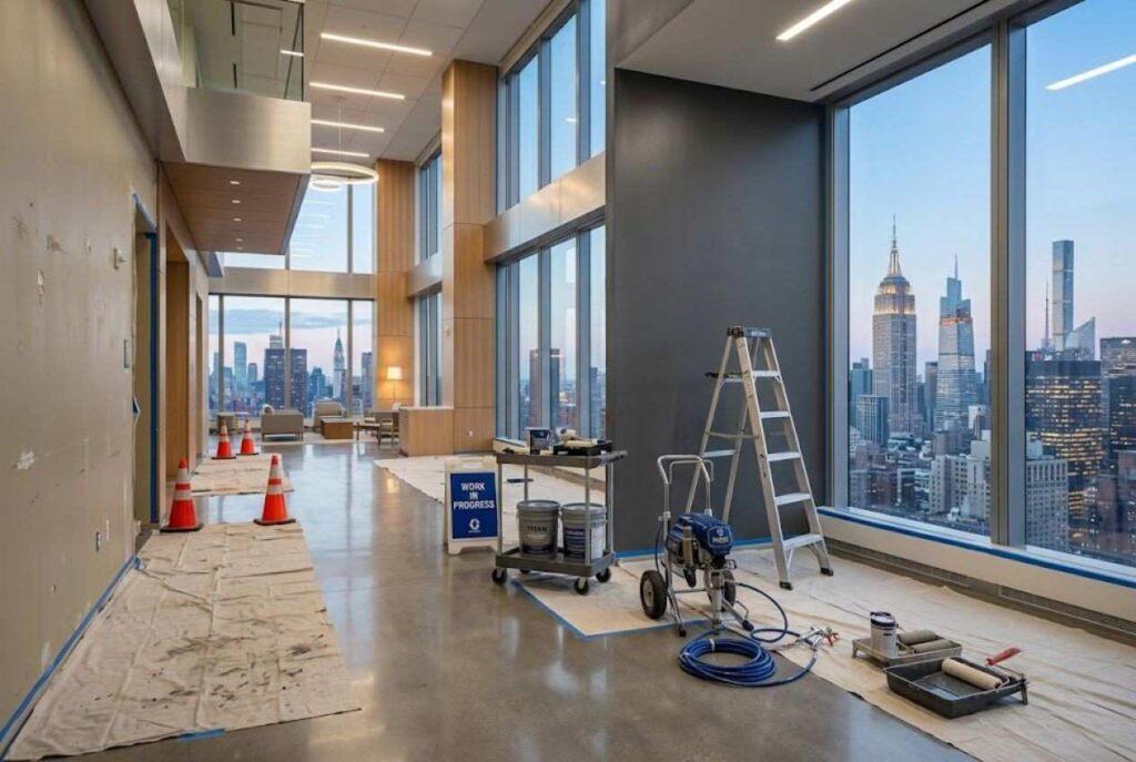 Professional commercial interior painting project in a modern high-rise office, featuring freshly painted walls, painting equipment, ladders, protective floor coverings, and large windows overlooking the city skyline