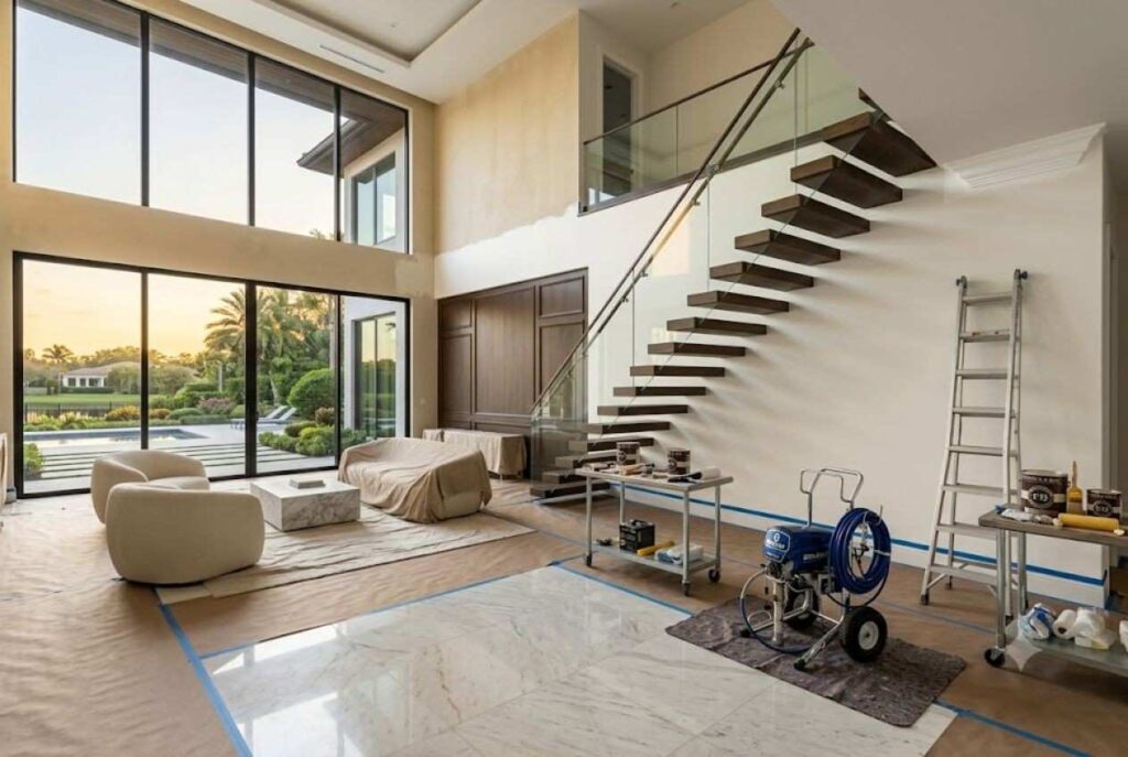 Professional interior house painting project in a luxury modern home, featuring freshly painted high walls, staircase area, protective floor coverings, ladder, paint supplies, and professional painting equipment for a clean, high-quality finish.