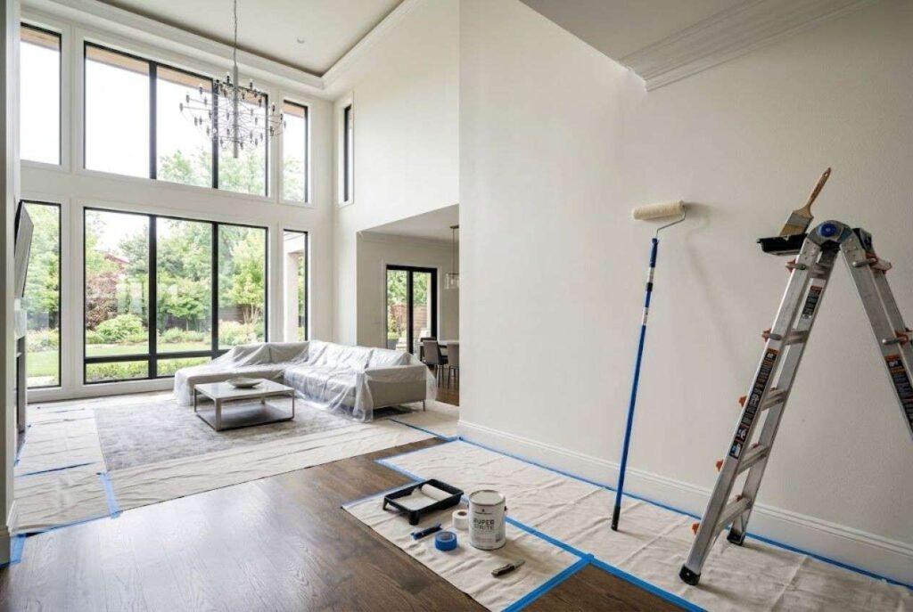 Professional interior painting setup in a modern living room with paint roller, ladder, drop cloths, and furniture protected during home painting services