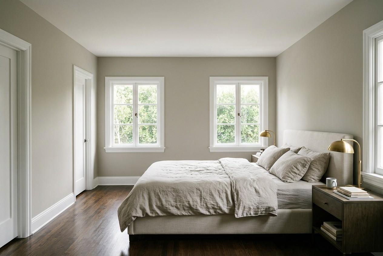 Modern bedroom with neutral gray interior wall paint, white trim, large windows, hardwood flooring, contemporary bed, and elegant bedside lighting in a bright residential space.
