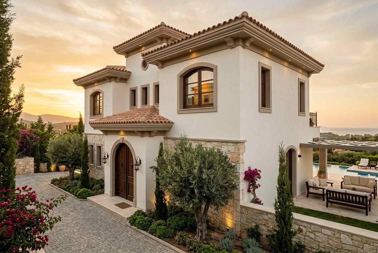 Luxury exterior house painting showcasing a freshly painted white stucco Mediterranean-style home with tiled roof, stone accents, landscaped grounds, and a poolside patio at sunset.