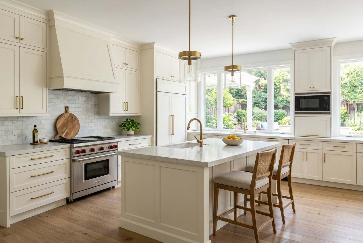 Bright white kitchen cabinets with a large marble island, stainless steel range, gold pendant lights, and hardwood flooring in a modern luxury kitchen interior.