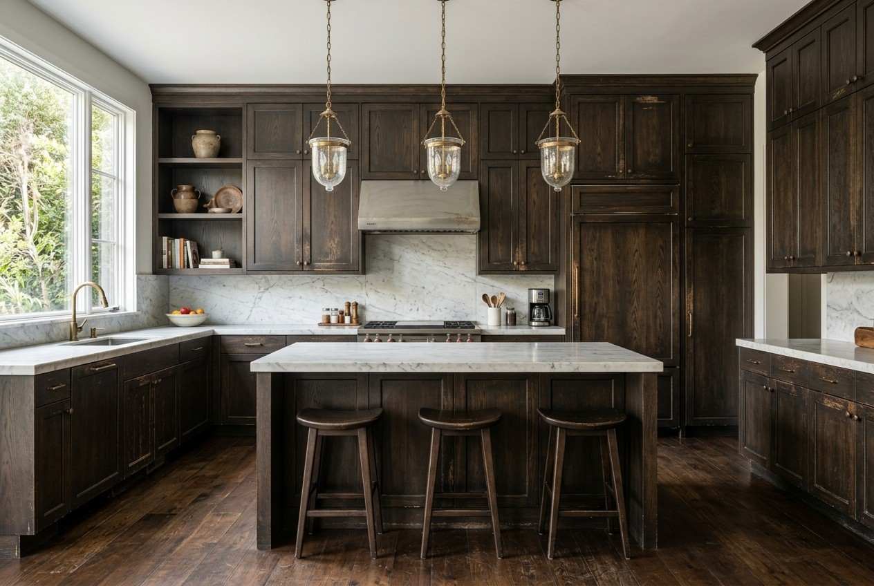 Dark wood kitchen cabinets with a marble backsplash, large island, pendant lighting, and hardwood floors in a luxury kitchen interior.