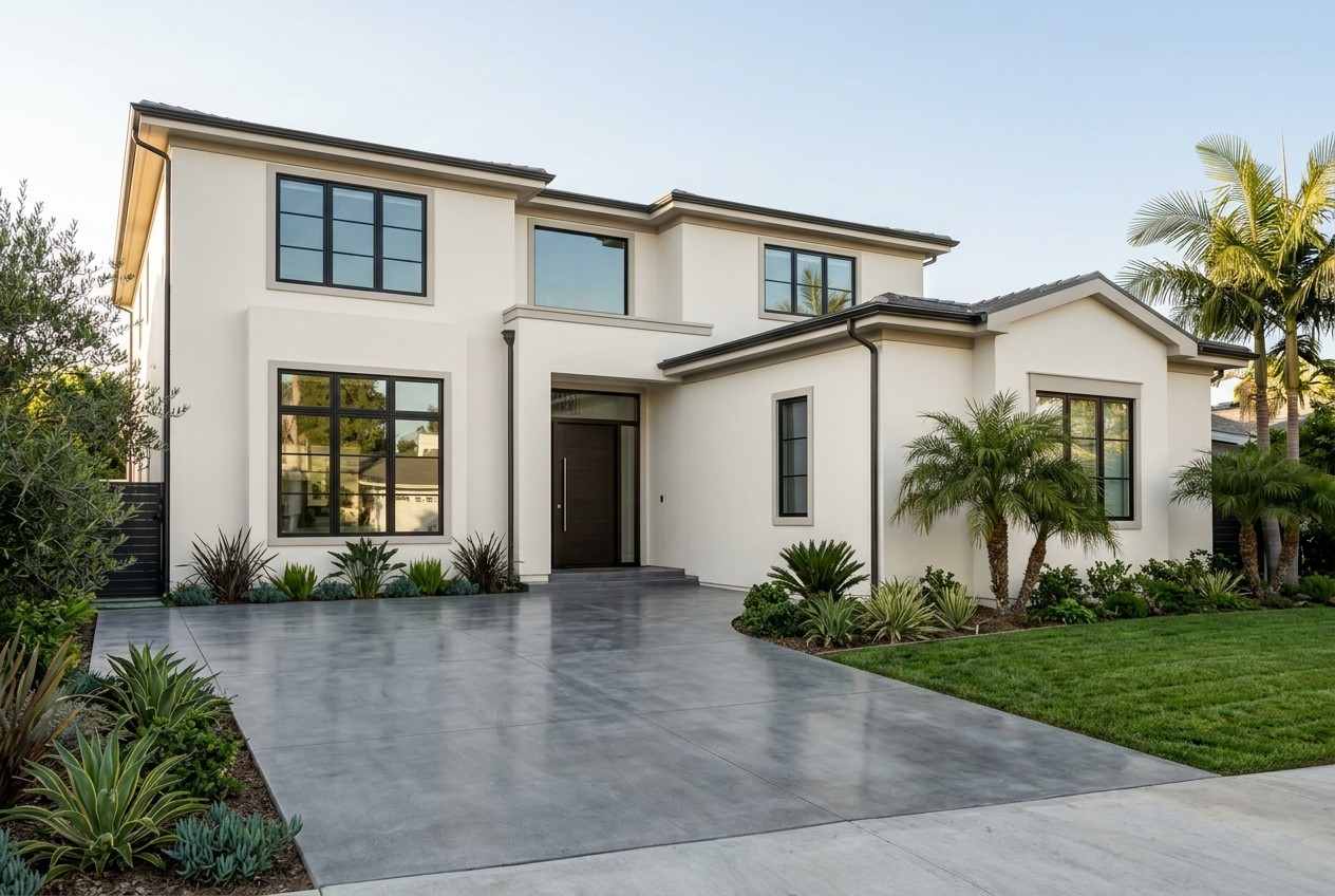 Modern luxury home exterior with fresh white exterior paint, black-framed windows, landscaped lawn, palm trees, contemporary architecture, and a clean concrete driveway.