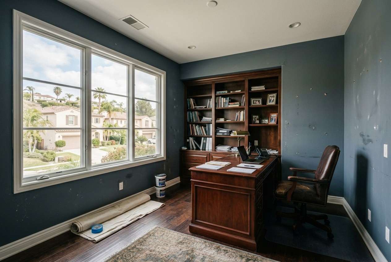 Dark blue home office with fresh interior wall paint, large windows, built-in wooden bookshelves, executive desk, leather chair, hardwood flooring, and painting supplies prepared for a professional renovation project.