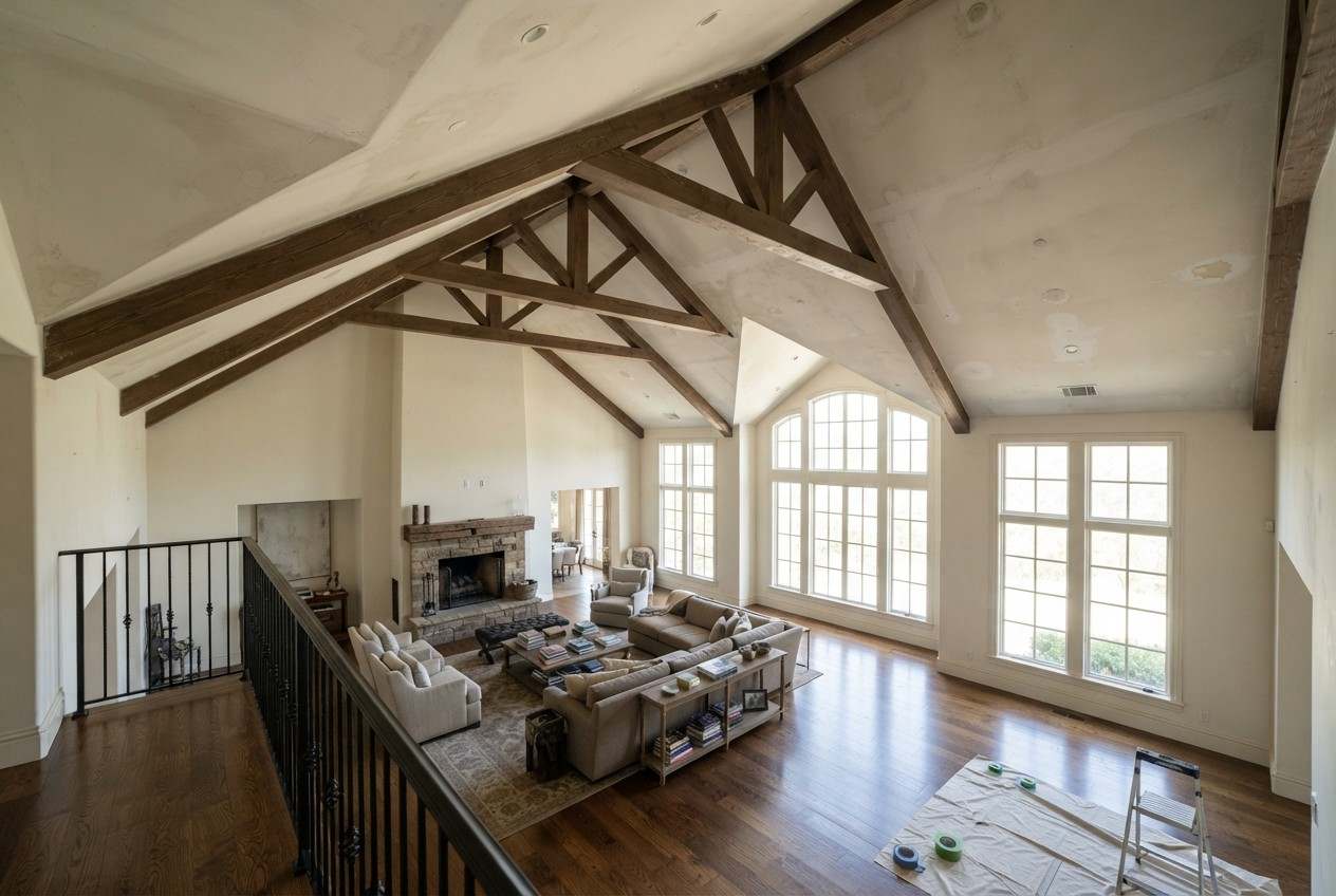 Spacious luxury living room with exposed wood beams, vaulted ceiling, large arched windows, hardwood flooring, fireplace, and ceiling painting preparation materials in a California home.
