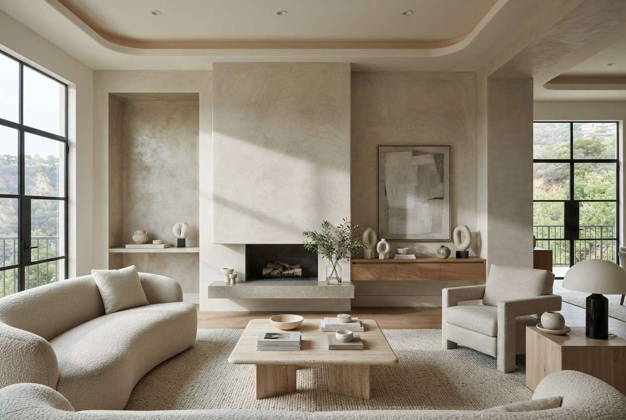 Luxury modern living room with textured neutral walls, a contemporary fireplace, minimalist furniture, warm wood accents, large black-framed windows, and elegant natural decor in a sophisticated interior
