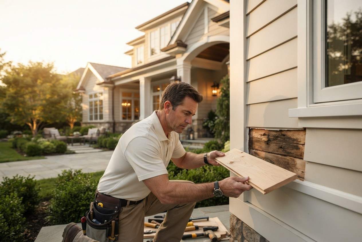 Professional siding repair on a luxury home, with a contractor replacing damaged exterior wood siding near a window using hand tools. Well-maintained landscaping, stone accents, and upscale residential architecture in the background.