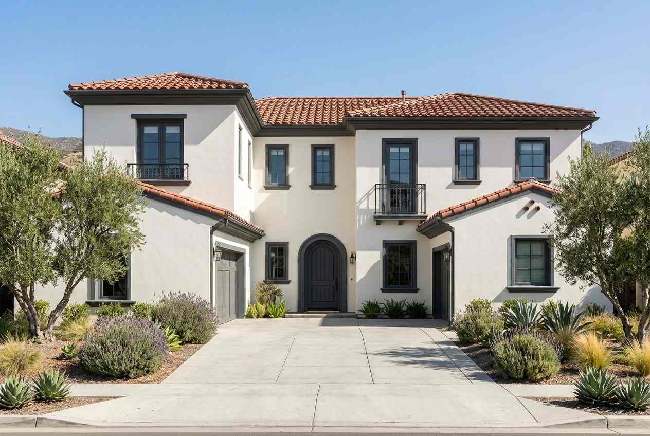 Exterior house painting of a Mediterranean-style home with fresh white stucco walls, terracotta tile roof, dark trim, arched entryway, and drought-tolerant landscaping.