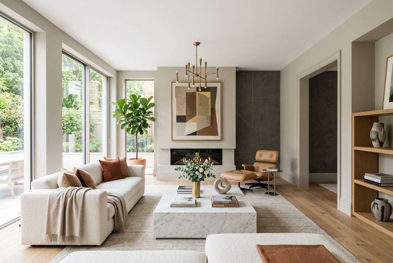 Professional interior painters preparing a modern living room for wall painting with paint tools, a roller, drop cloth, and taped wall section.