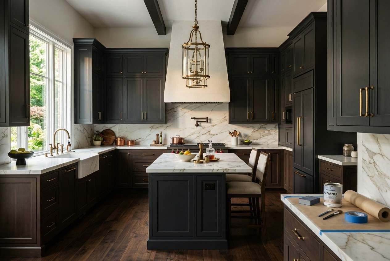Professional cabinet painting in a modern kitchen featuring freshly painted dark cabinets, marble countertops, brass hardware, and a bright, elegant interior.