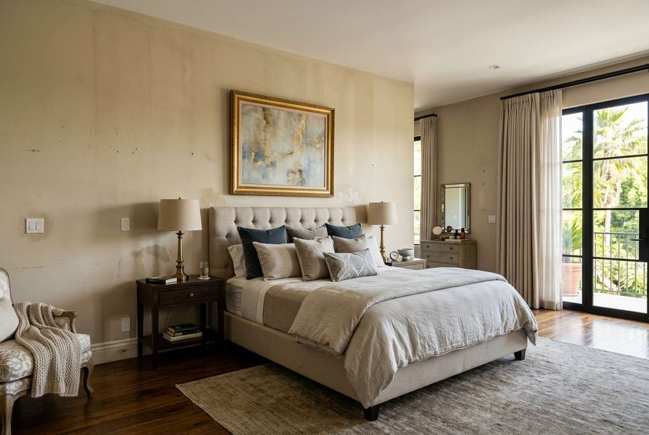 Elegant master bedroom with beige walls, upholstered bed, hardwood floors, large windows, and neutral decor in a luxury residential interior.