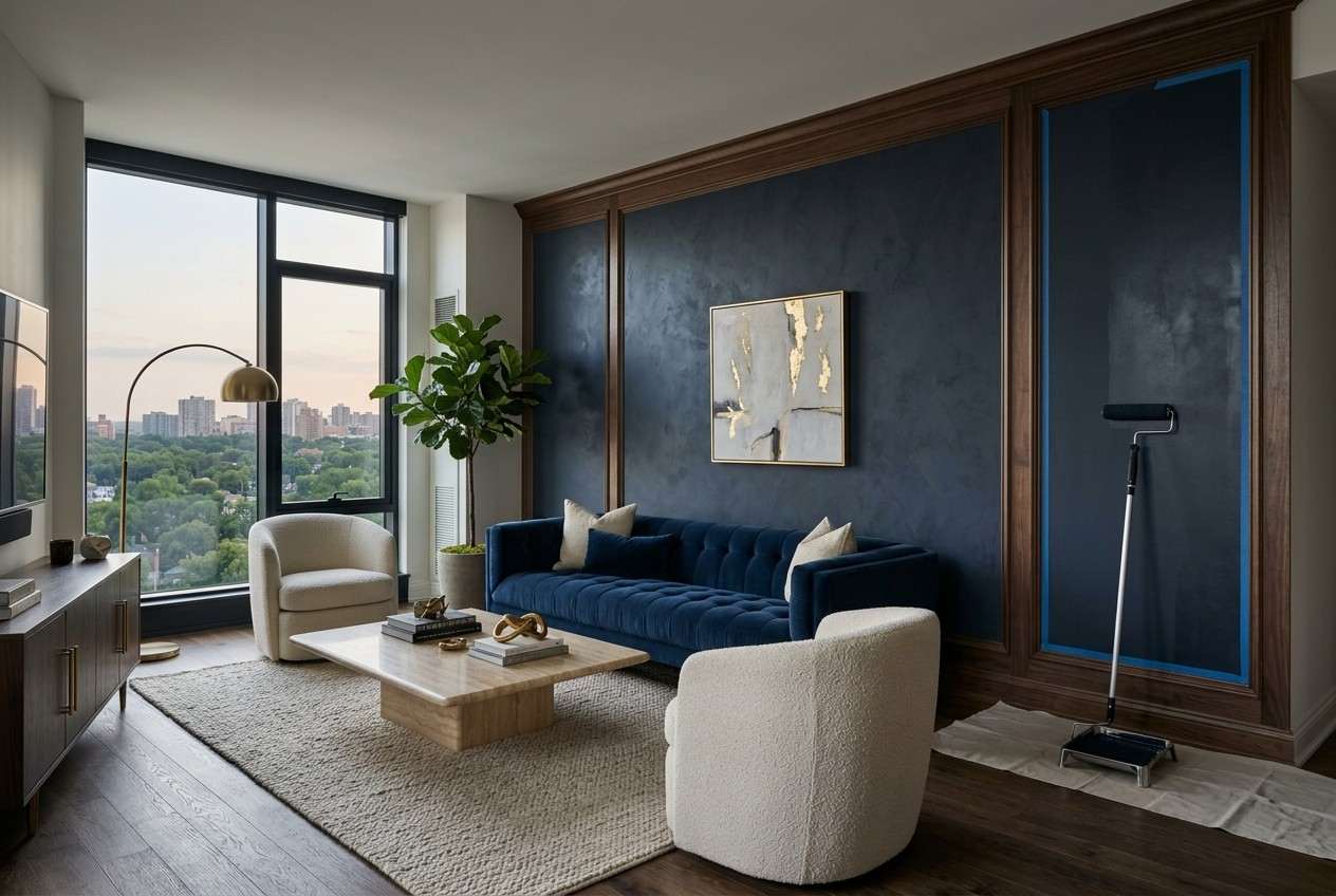 Professional interior wall painting in a modern living room featuring a freshly painted dark accent wall, blue painter’s tape, paint roller, protective floor covering, and contemporary furnishings.