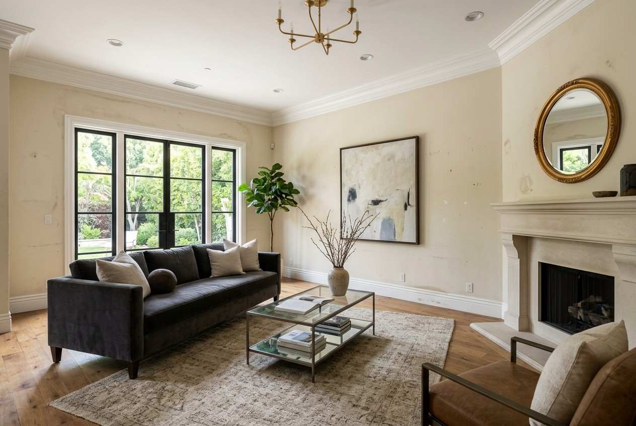 Interior painting of a living room with freshly painted walls, elegant crown molding, fireplace, large windows, modern furniture, and a neutral color scheme creating a bright, sophisticated space.