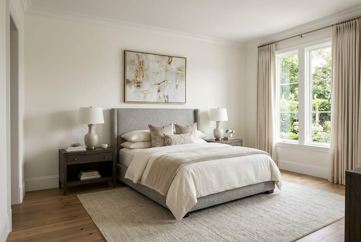 Elegant modern bedroom with a gray upholstered bed, neutral bedding, large windows, hardwood floors, and minimalist decor in a luxury residential interior.