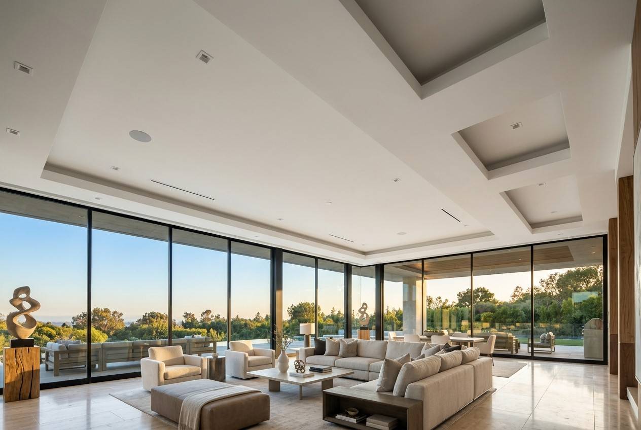Professional interior painting showcasing a bright modern living room with freshly painted white walls and ceiling, floor-to-ceiling windows, contemporary furnishings, and a spacious open-concept design.