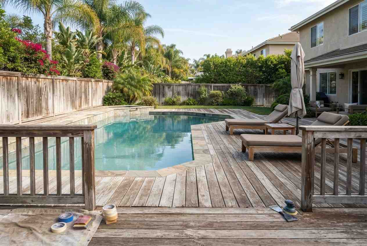 Weathered wooden pool deck and privacy fence surrounding a backyard swimming pool, with lounge chairs, tropical landscaping, palm trees, and a residential home in Southern California.