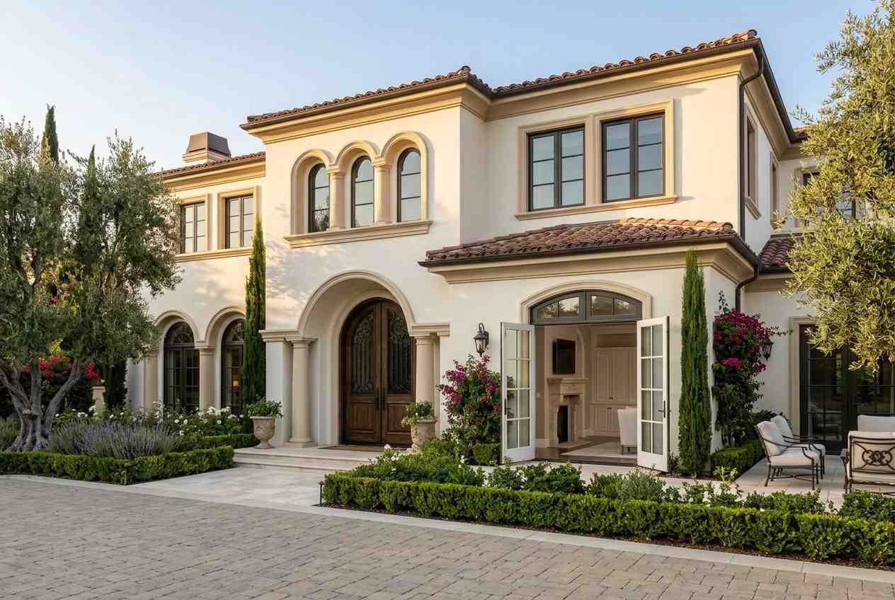 Luxury exterior house painting showcasing a freshly painted Mediterranean-style home with cream stucco walls, arched windows, tiled roof, landscaped gardens, and elegant architectural details.
