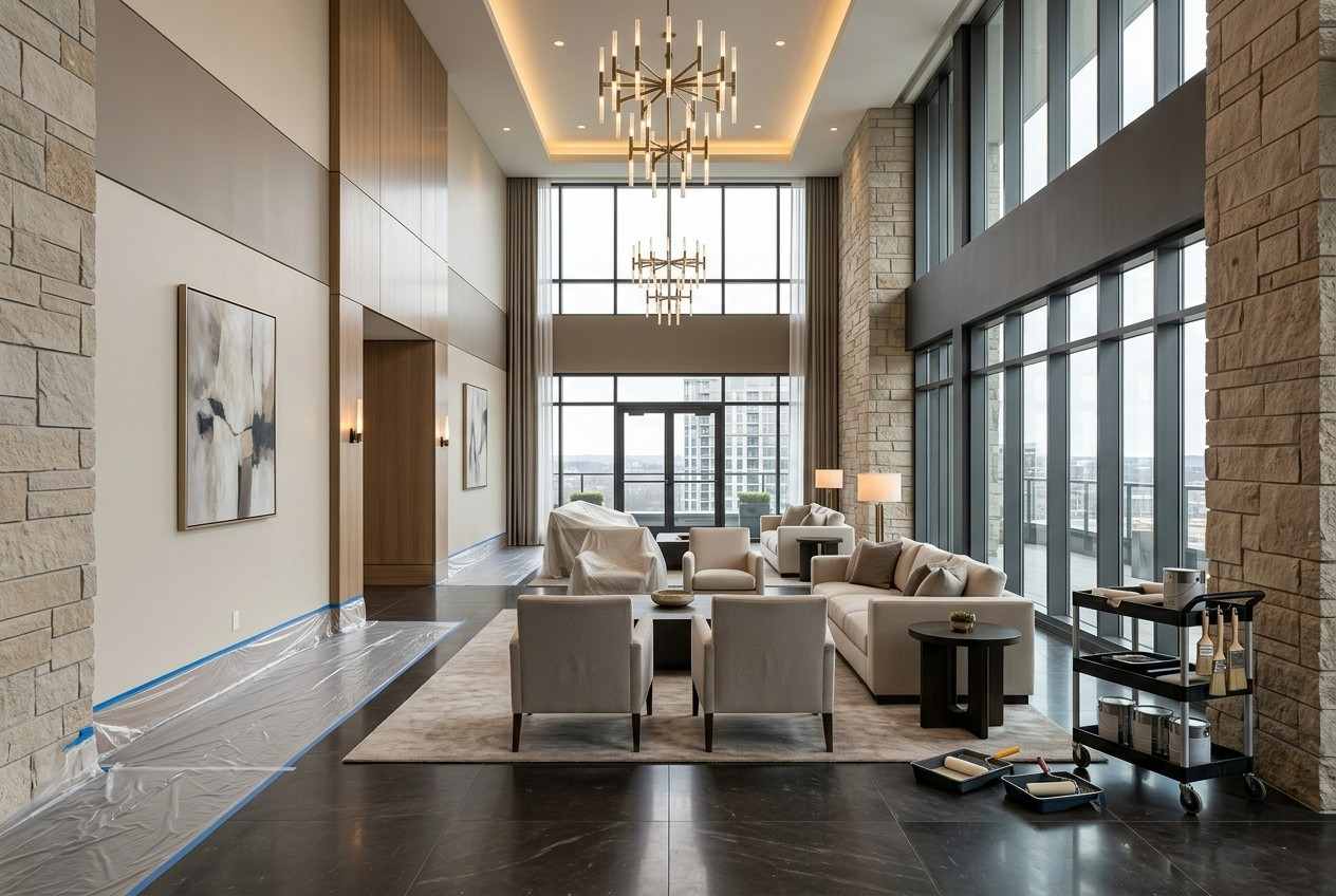 Professional commercial interior painting in a modern luxury lobby, with painters preparing walls, protective floor coverings, paint supplies, and elegant seating in a high-ceilinged space