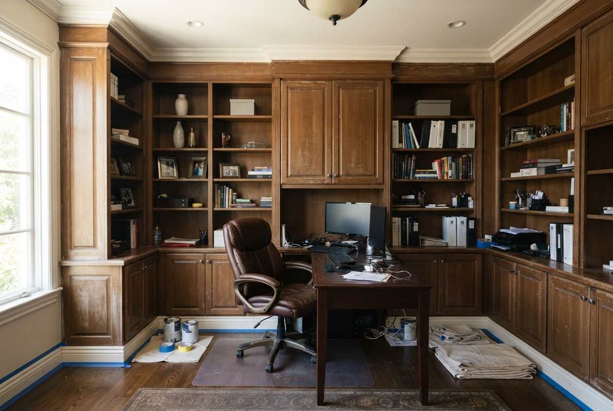 Dark wood built-in cabinets and home office workspace prepared for professional cabinet painting, with bookshelves, desk, computer, protective floor coverings, and painting supplies visible throughout the room.