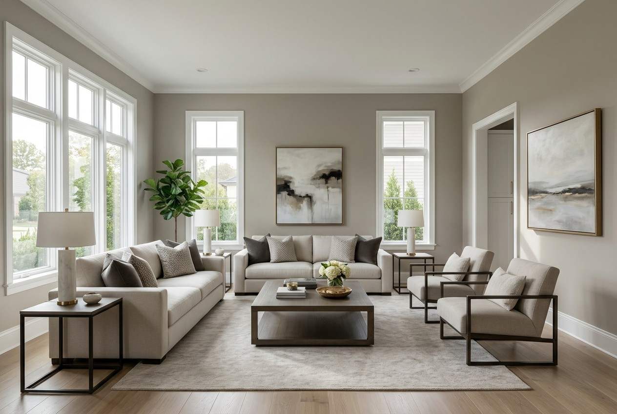 Interior painting of a modern living room with freshly painted neutral walls, large windows, white trim, contemporary furniture, and elegant decor in a bright, spacious setting