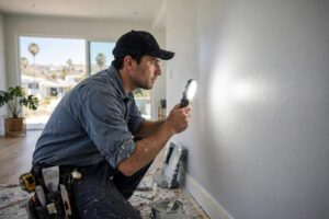 Professional painter inspecting interior wall for paint defects in Los Angeles home