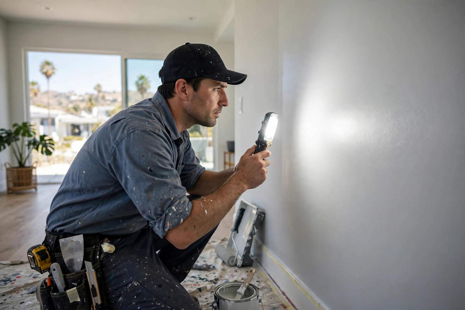 Professional painter inspecting interior wall for paint defects in Los Angeles home