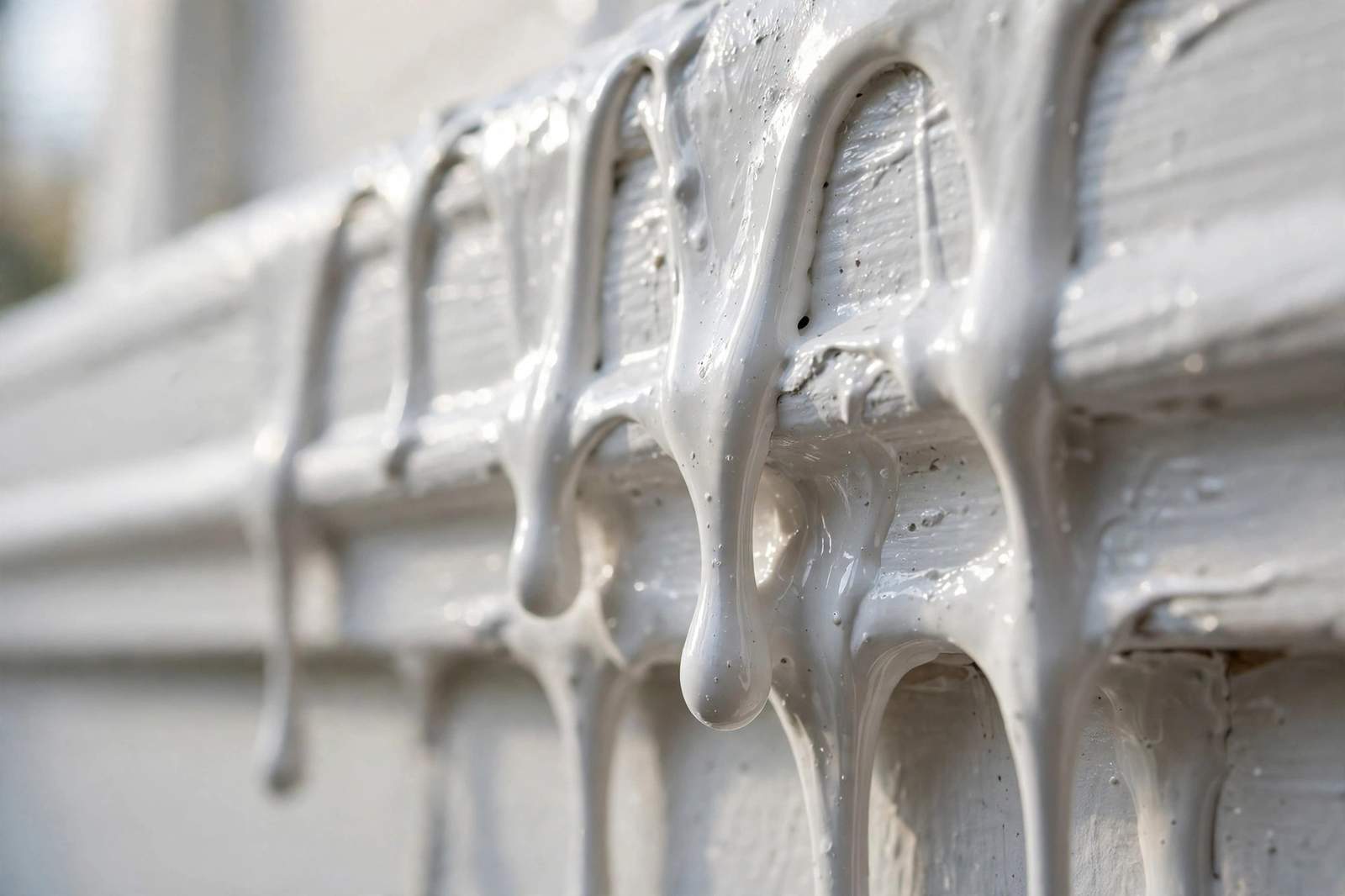 Surface Defects: What a Sloppy Finish Looks Like Close-up of paint drips and runs on wall trim, a clear sign of a bad paint job