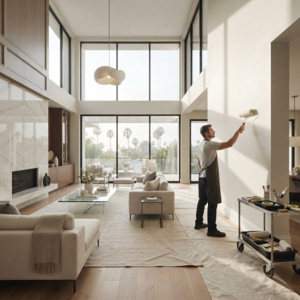 Professional interior painter applying fresh white paint to a living room wall in a bright modern home, with floor protection, painting tools, large windows, and contemporary furnishings. The image highlights detailed residential wall painting and clean interior finishing.