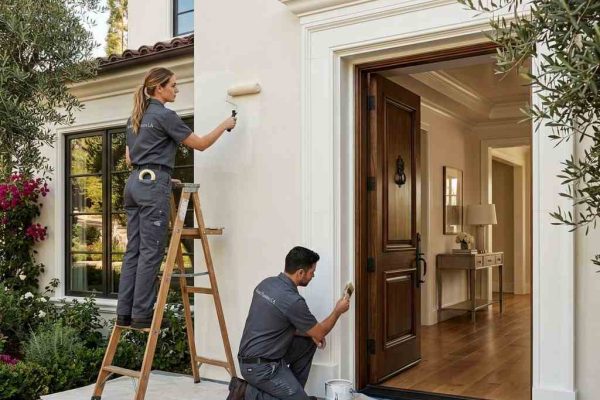 Professional exterior house painters applying fresh paint to a luxury home exterior, with painting tools, drop cloths, ladders, and a dark wood entry door.