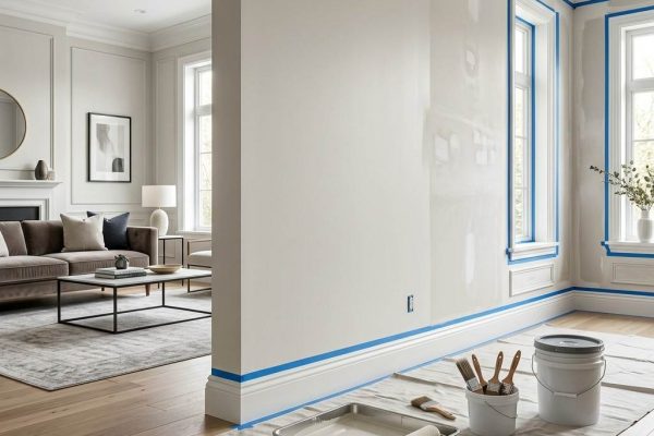 Professional interior wall painting preparation with blue painter’s tape, paint roller, brushes, and supplies in a modern living room.